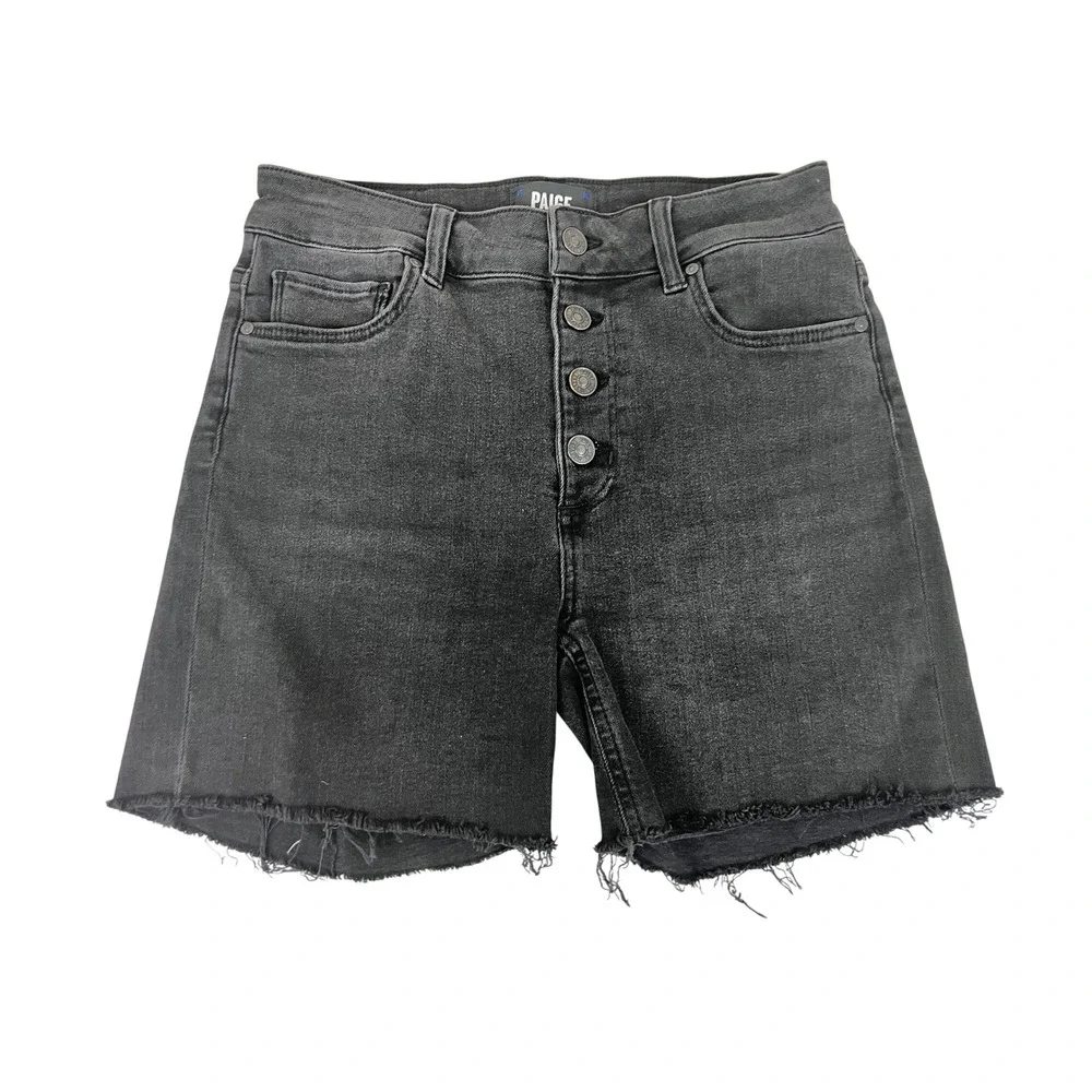 PAIGE Sarah Longline Short Women 26 Black Excellent Button Fly Raw Hem W7994